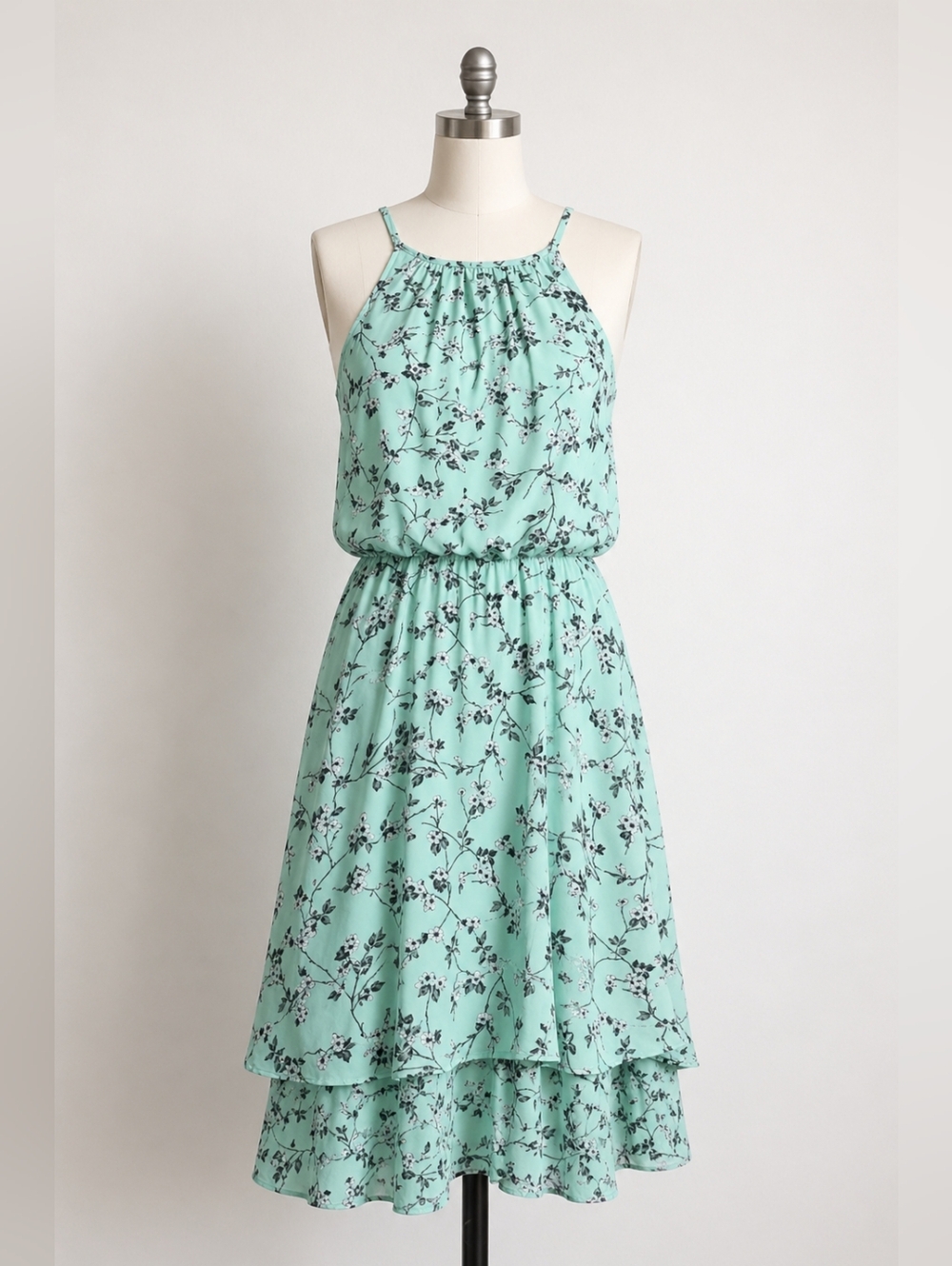 Blue Rain Light Green Floral Tiered Midi Dress XS | Halter Neck Flowy Spring